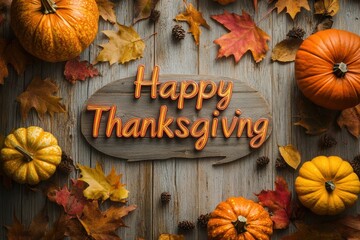 Happy Thanksgiving message with autumn leaves and pumpkins on dark wooden background
