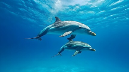 A breathtaking underwater shot capturing the tender moment between a mother dolphin and her calf as they playfully explore the serene depths of the deep blue ocean