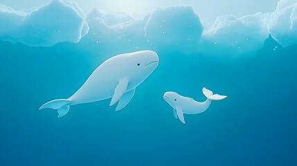 Obraz premium A captivating image showcasing a mother beluga whale and her calf swimming gracefully through the icy Arctic waters their forms silhouetted against the majestic backdrop of towering glaciers