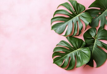 Obraz premium Monstera leaves on pink background, tropical plant concept 