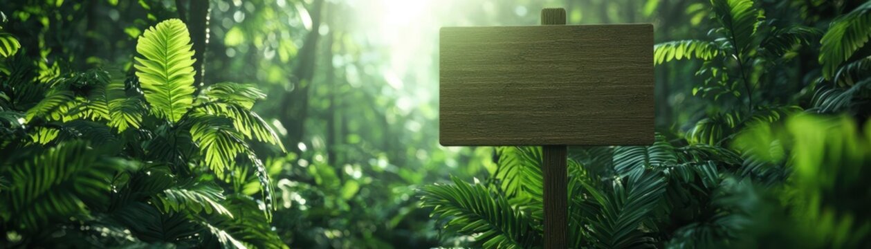 Wooden signboard surrounded by lush green foliage in a sunlit forest, showcasing nature's beauty.