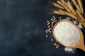 Wheat stalks and flour in wooden spoon on dark background, baking ingredients
