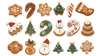 A festive collection of Christmas icons including a snowman, Christmas tree, Santa Claus, and various holiday decorations, perfect for winter celebrations and illustrations