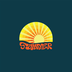 Summer beach sticker with a surfer theme. Emblem with sea wave surfboard and palm tree. Sticker or label or t-shirt print, emblem.
