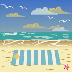 seascape, beach, seagulls, 
vector drawing