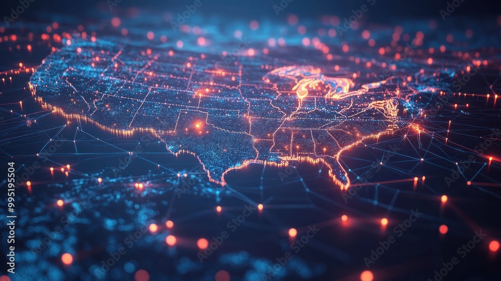 Sticker A sophisticated 3D animation of a digital map of the USA, displaying interconnected data lines and glowing nodes across the country. It symbolizes the connectivity and technological advancement