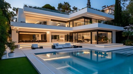 Fototapeta premium A modern, white house with a swimming pool and a green lawn. The house is illuminated with warm light, and the pool reflects the sky and the surrounding trees.
