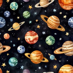 Watercolor seamless pattern with images of stars, planets and spacecraft. World Space Week.