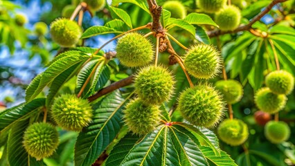 A flourishing Buckeye tree stands tall, its vibrant green leaves and spiky seed pods basking in the sunshine,