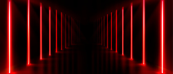Neon light tunnel on black background. Vector realistic illustration of red led corridor perspective, futuristic laser security border, modern information technology system, virtual reality