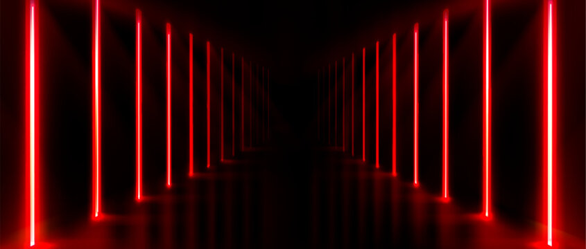 Neon light tunnel on black background. Vector realistic illustration of red led corridor perspective, futuristic laser security border, modern information technology system, virtual reality