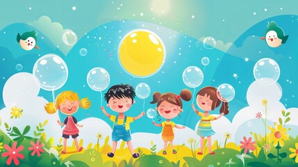 Naklejka premium A group of children are playing with bubbles in a field