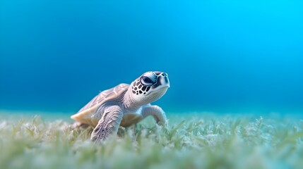 Obraz premium A Growing Sea Turtle Grazing on Lush Seagrass in a Tranquil Lagoon Showcasing the Remarkable Lifecycle Development from Hatchling to Juvenile in a Pristine Marine Ecosystem