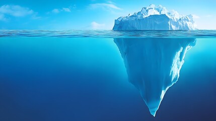 A half submerged iceberg showing the massive underwater section and a smaller part visible above the serene ocean surface  The image captures the scale and power of this natural wonder