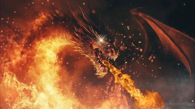 Ferocious fire-breathing dragon in a dramatic and fiery scene. Seamless loop video animation background