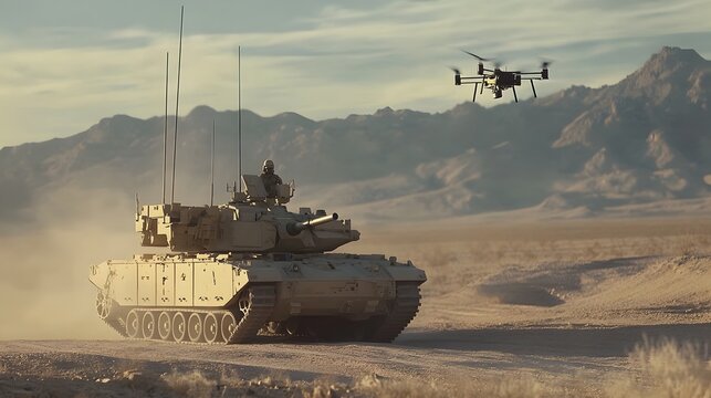 A heavily armored military tank deploying its advanced anti drone electromagnetic pulse EMP system to disable incoming unmanned aerial vehicles UAVs in a vast desert environment