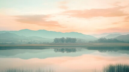 Fototapeta premium Serene landscape reflecting mountains and a pastel sky over calm water.