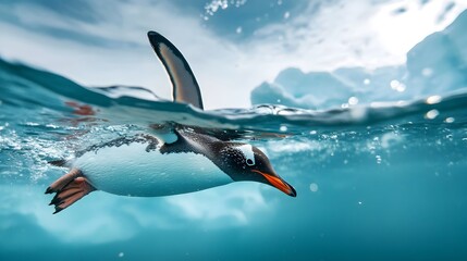 A majestic penguin gracefully diving beneath the icy tranquil waters of the Antarctic landscape with the frozen ethereal scenery above the surface