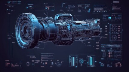 An industrial blue print for an HUD using an engine 3D isometric. The blueprint includes modern interface elements ( dashboards, a scanning jet engine and mechanism).