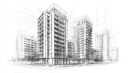 Architectural concept drawing of an urban residential complex in a blueprint sketch style with modern building construction