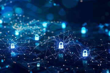 Cyber security concept. Polygonal vector illustration of open padlock on blue background
