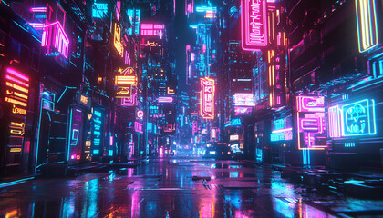 Fototapeta premium Bright, glowing neon signs in various shapes and colors, with a futuristic, cyberpunk-style backdrop