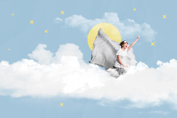 Creative collage young girl clouds sky environment pillow sleepwear dream imagination raise hand...