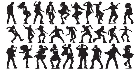Dancing people Teenager Young girl boy hip hop silhouette Set vector illustration design black and white