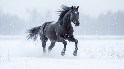 A black horse galloping through a snowy landscape, surrounded by falling snowflakes.
