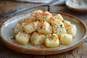 Roasted potatoes. Baked potato wedges in frying pan on nature background.