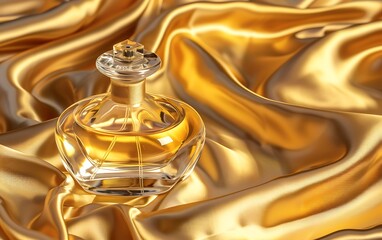 Perfume bottle on golden satin background.