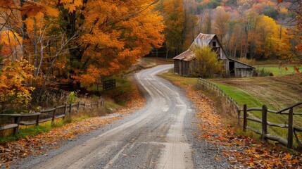 Naklejka premium Fall Foliage Road. Scenic Autumn Drive Through Vermont Countryside