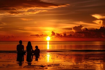 Fototapeta premium Family In Sunset. Silhouette of Happy Asian Family Enjoying Beach Vacation at Sunset