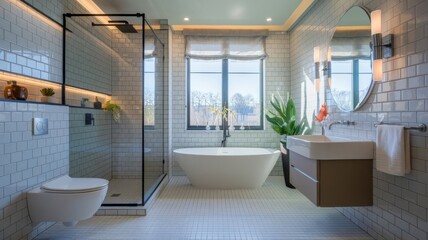 Stylish modern bathroom featuring sleek fixtures, a minimalist toilet design, and elegant lighting