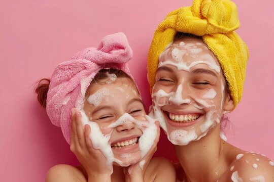 Feminine Happy. Mother and Daughter Enjoying Skincare Routine with Cleansing Foam Products - Powered by Adobe