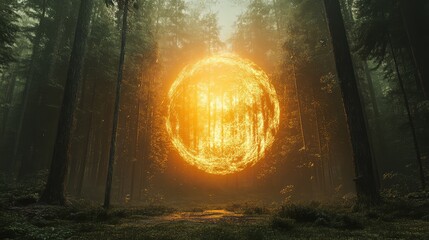 Fototapeta premium A massive, glowing portal in the middle of a dense forest, casting eerie light on the surrounding trees