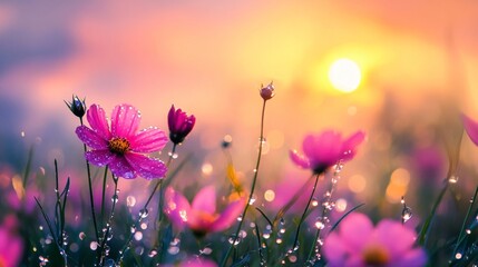 Dew-kissed Wildflower Meadow at Dawn, vibrant blossoms glistening under morning light, serene atmosphere filled with the freshness of a new day.