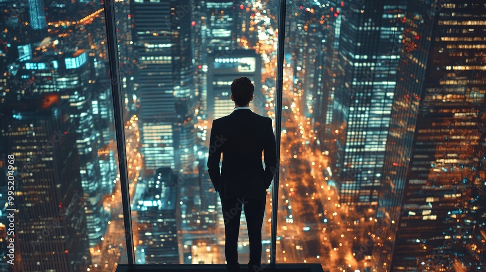 Wall mural Businessman Overlooking City Lights at Night