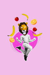 Vertical photo collage of anonym sportsman jump lion head orange apple banana fruits healthy sport lifestyle isolated on painted background