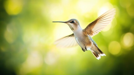 Fototapeta premium A hummingbird in mid-flight, showcasing its vibrant colors against a blurred green background.