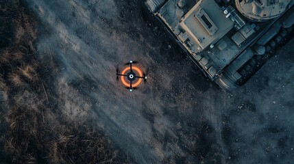Aerial drone view capturing a military tank s advanced anti drone radar system actively tracking and monitoring an unmanned aerial vehicle UAV in a strategic defense and surveillance scenario