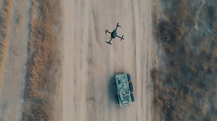 Aerial drone view from above showing a tank s advanced anti drone radar system actively tracking and targeting an unmanned aerial vehicle UAV for security and defense purposes