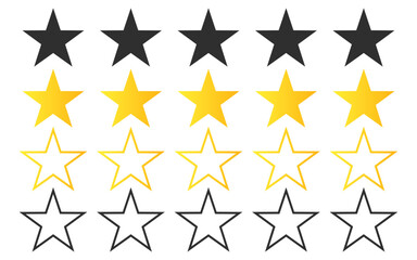 Rating symbol set of five pointed yellow golden black outline stars quality rating product service quality assesment sign label