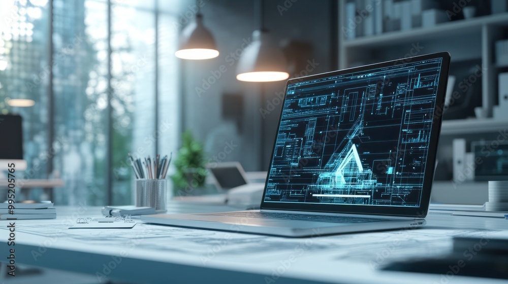 Poster digital blueprint by architecture design software on laptop screen with documents and blueprint layo