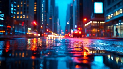 Obraz premium Vibrant Urban Nightscape, a dazzling city skyline illuminated by radiant lights, with towering buildings and reflections glistening on rain-soaked streets.