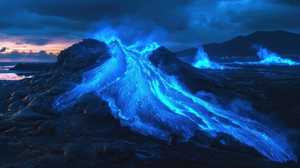 A mesmerizing flow of blue lava illuminating the dark volcanic landscape