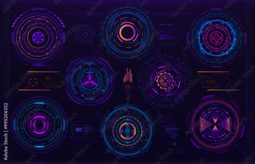 Leinwandbilder Futuristic circular digital HUD or Sci Fi elements, vector dashboard controls. HUD data screen or digital UI virtual infographic and circular graph elements for interface of future Sci Fi technology