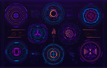 Futuristic circular digital HUD or Sci Fi elements, vector dashboard controls. HUD data screen or digital UI virtual infographic and circular graph elements for interface of future Sci Fi technology