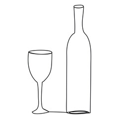Continuous single line drawing of a bottle of wine and a glass. Hand-drawn one line picture of a silhouette. Minimalist line art.Champagne glass in human hand in continuous line art drawing style. 