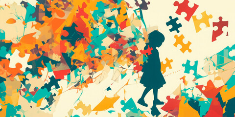 Silhouette of a child against a vibrant puzzle background, symbolizing the complexities of child psychology and development